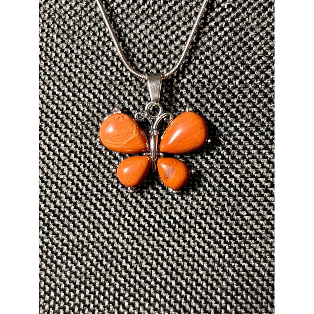 Red Jasper Butterfly Pendant Necklace Stainless Steel Snake Chain Silver Tone